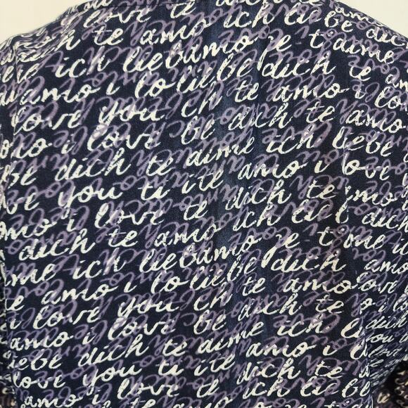 Cabi Tunic Top Blouse Size M Blue Script Print V-neck Relaxed Breezy Lightweight - Picture 7 of 13